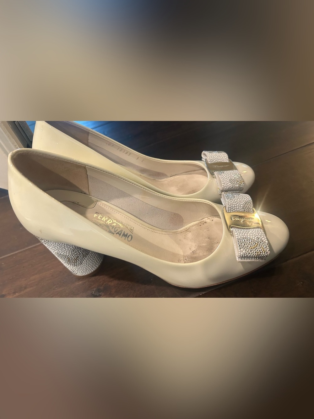 Salvatore Ferragamo Cream Patent Bow Heel Pumps